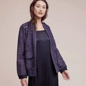 Anthropologie Elevenses Navy Blue Sheer Lace Bomber Jacket Cottagecore